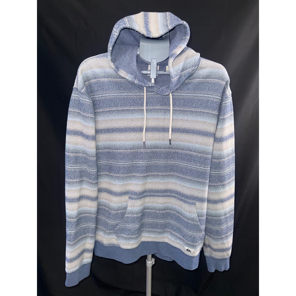 Quiksilver Mens Striped Pullover Hoodie Blue Grey Textured Knit Sweatshirt XXL